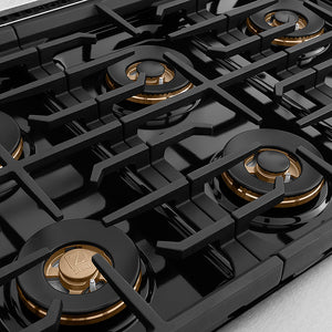 ZLINE Autograph Edition 48 in. Paramount Gas Rangetop with 8 Burner DuoPro™ Cooktop in Satin Stainless Steel and Matte Black Accents (PSRTSZ-48-MB) DuoPro™ burner spread and grates.