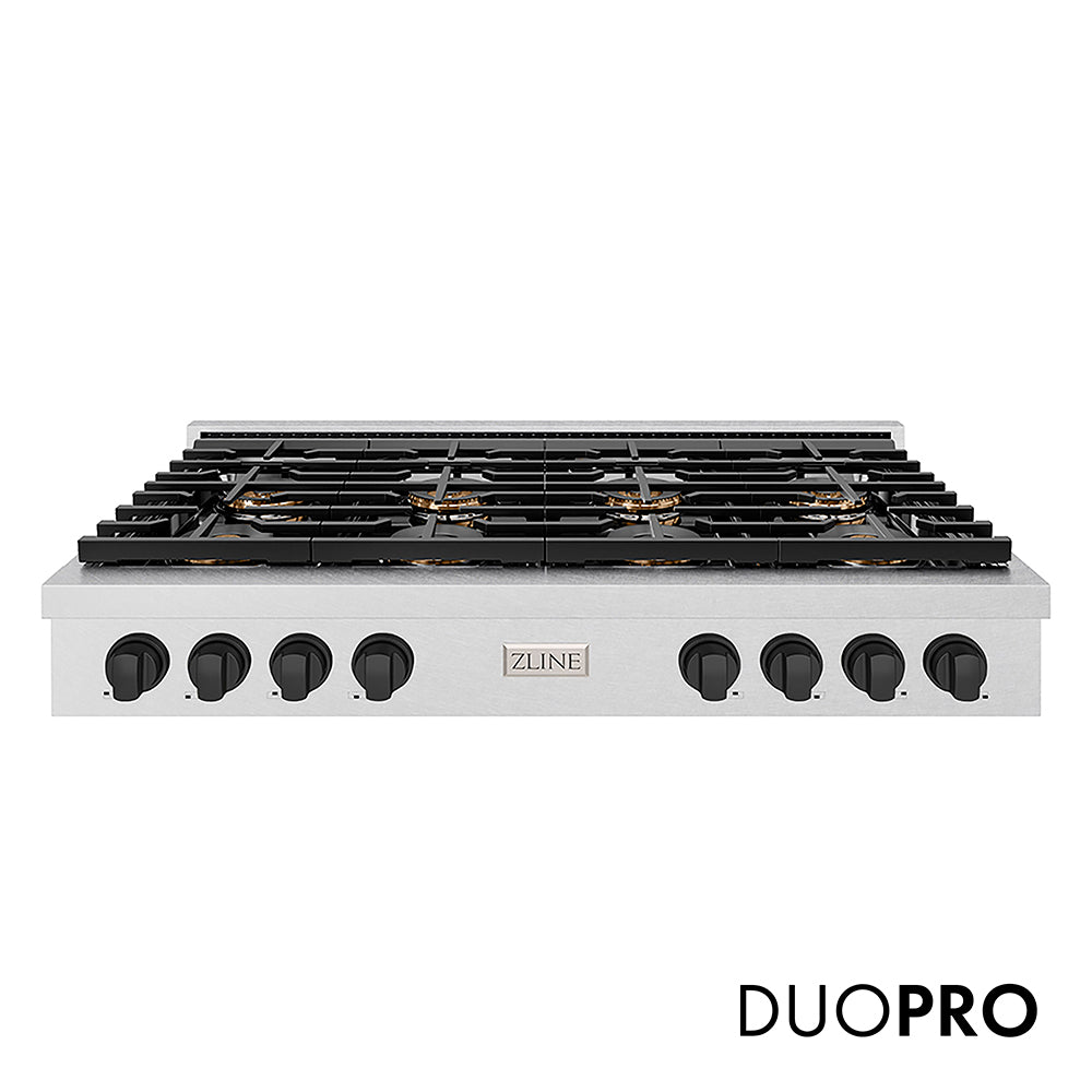 ZLINE Autograph Edition 48 in. Paramount Gas Rangetop with 8 Burner DuoPro™ Cooktop in Satin Stainless Steel and Matte Black Accents (PSRTSZ-48-MB) front, with DuoPro™ logo.