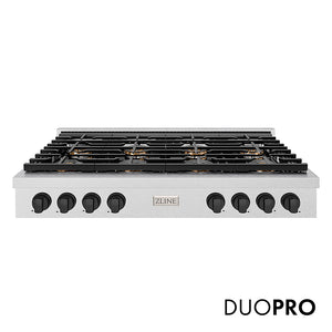 ZLINE Autograph Edition 48 in. Paramount Gas Rangetop with 8 Burner DuoPro™ Cooktop in Satin Stainless Steel and Matte Black Accents (PSRTSZ-48-MB) front, with DuoPro™ logo.