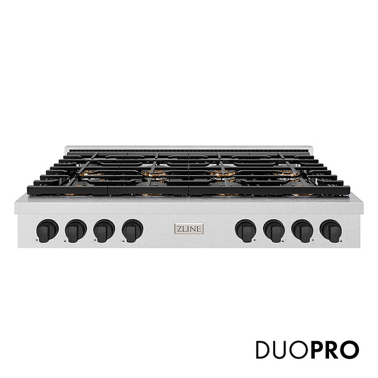 ZLINE Autograph Edition 48 in. Paramount Gas Rangetop with 8 Burner DuoPro™ Cooktop in Satin Stainless Steel and Matte Black Accents (PSRTSZ-48-MB) front, with DuoPro™ logo.