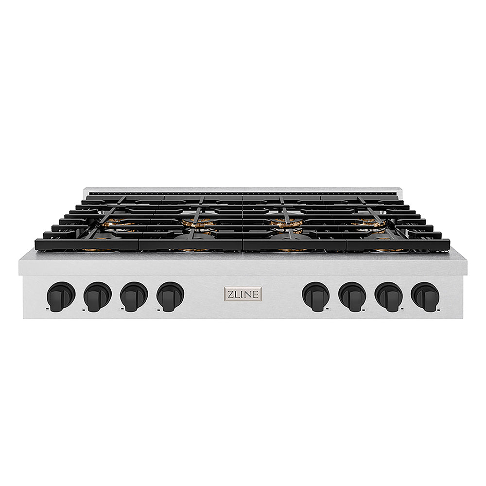 ZLINE Autograph Edition 48 in. Paramount Gas Rangetop with 8 Burner DuoPro™ Cooktop in Satin Stainless Steel and Matte Black Accents (PSRTSZ-48-MB) front.