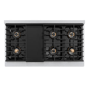 ZLINE Autograph Edition 48 in. Paramount Gas Rangetop with 8 Burner DuoPro™ Cooktop in Satin Stainless Steel and Matte Black Accents (PSRTSZ-48-MB) top-down, above cooktop with griddle.