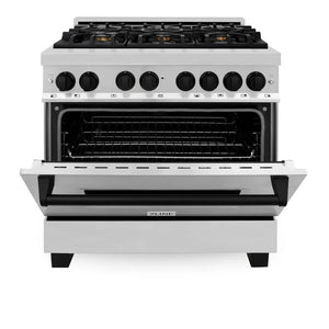 ZLINE Autograph Edition 36 in. 4.6 cu. ft. Legacy Dual Fuel Range with 6 Burner Gas Cooktop and Electric Convection Oven in Stainless Steel and Matte Black Accents (RAZ-36-MB) front, oven half open.