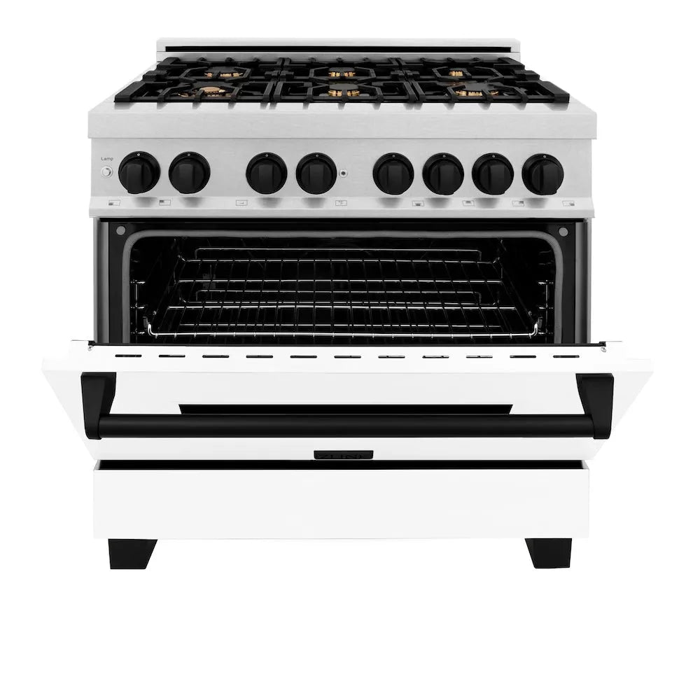 ZLINE Autograph Edition 36 in. 4.6 cu. ft. Legacy Dual Fuel Range with 6 Burner Gas Cooktop and Electric Convection Oven in Satin Stainless Steel with White Matte Door and Matte Black Accents (RASZ-WM-36-MB) front, oven half open.