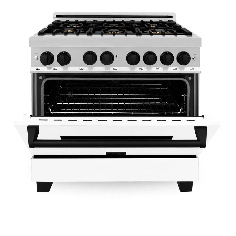 ZLINE Autograph Edition 36 in. 4.6 cu. ft. Legacy Dual Fuel Range with 6 Burner Gas Cooktop and Electric Convection Oven in Stainless Steel with White Matte Door and Matte Black Accents (RAZ-WM-36-MB) front, oven half open.