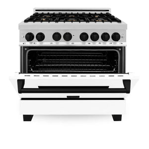 ZLINE Autograph Edition 36 in. 4.6 cu. ft. Legacy Dual Fuel Range with 6 Burner Gas Cooktop and Electric Convection Oven in Stainless Steel with White Matte Door and Matte Black Accents (RAZ-WM-36-MB) front, oven half open.