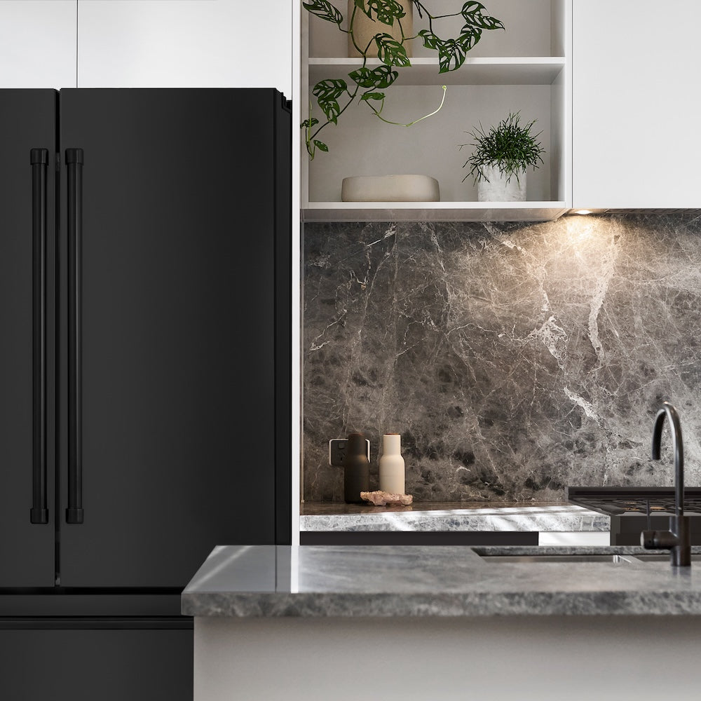 Modern kitchen with ZLINE 36 in. 22.5 cu. ft. Counter-Depth French Door Refrigerator with Ice Maker in Fingerprint-Resistant Black Stainless Steel (RFM-36-BS), marble countertop, and backsplash.