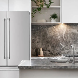 ZLINE 36 in. 22.5 cu. ft. Counter-Depth French Door Refrigerator with Ice Maker in Fingerprint-Resistant Stainless Steel (RFM-36) in a luxury kitchen.