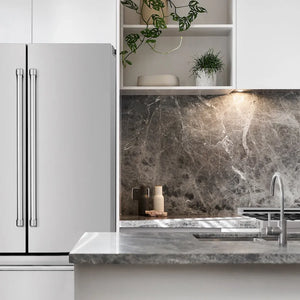 Modern kitchen with marble backsplash, ZLINE 36 in. 22.5 cu. ft. Counter-Depth French Door Refrigerator with Ice Maker in Fingerprint-Resistant Stainless Steel (RFM-36), and a dark marble countertop.