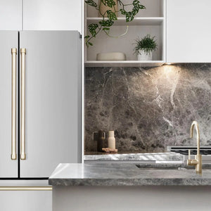 ZLINE Autograph Edition 36 in. 22.5 cu. ft. Counter-Depth French Door Refrigerator with Ice Maker in Fingerprint-Resistant Stainless Steel with Polished Gold Traditional Handles (RFMZ-36-G) in a cottage-style kitchen with other ZLINE appliances close-up.