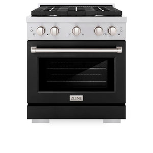 ZLINE 30 in. 4.2 cu. ft. Paramount Dual Fuel Range with 4 Burner Gas Cooktop and Electric Convection Oven in Stainless Steel with Black Matte Door (SDR-BLM-30) front, oven closed.