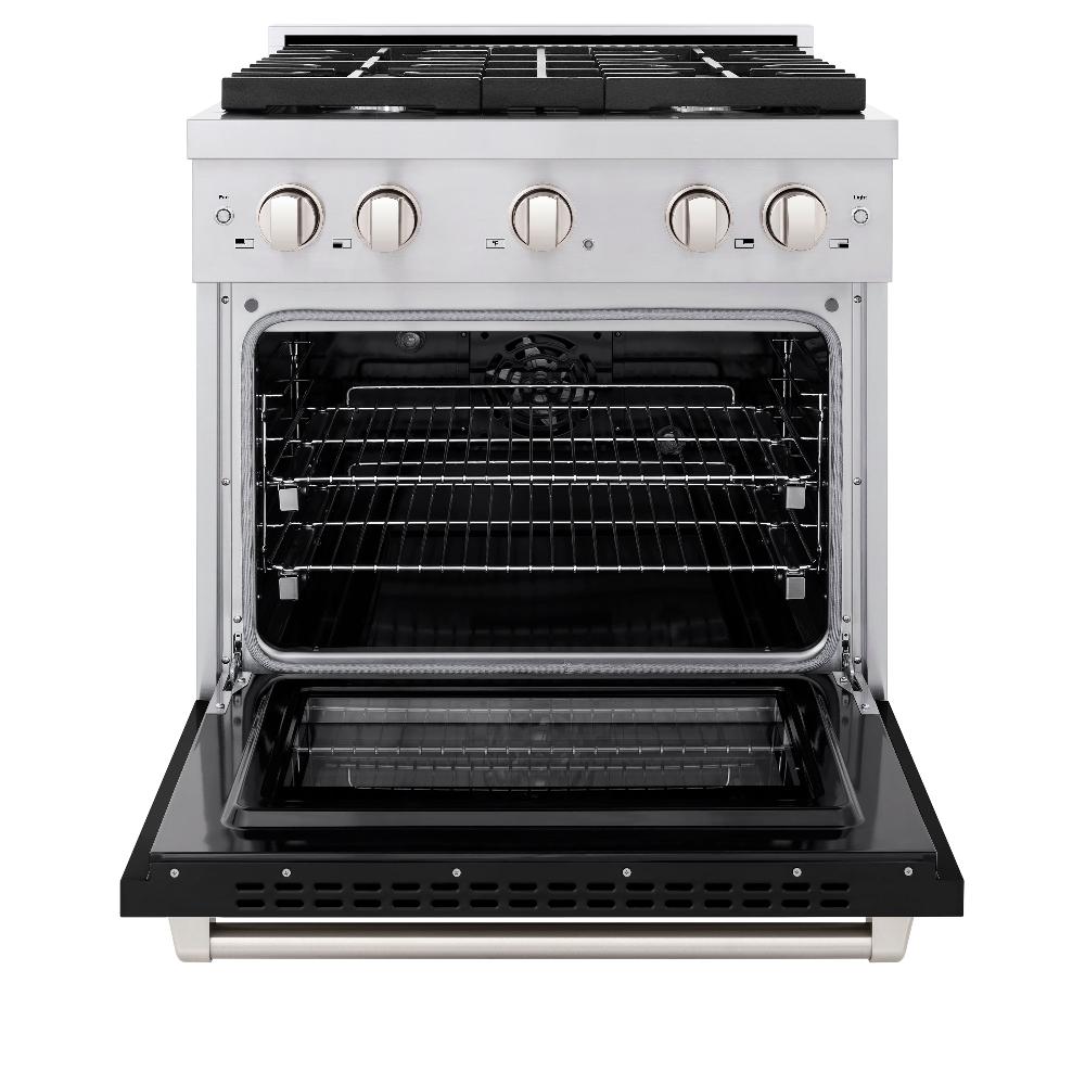 ZLINE 30 in. 4.2 cu. ft. Paramount Dual Fuel Range with 4 Burner Gas Cooktop and Electric Convection Oven in Stainless Steel with Black Matte Door (SDR-BLM-30) front, oven open.