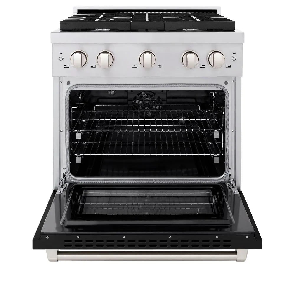 ZLINE 30 in. 4.2 cu. ft. Paramount Dual Fuel Range with 4 Burner Gas Cooktop and Electric Convection Oven in Stainless Steel with Black Matte Door (SDR-BLM-30) front, open.