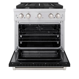 ZLINE 30 in. 4.2 cu. ft. Paramount Dual Fuel Range with 4 Burner Gas Cooktop and Electric Convection Oven in Stainless Steel with Black Matte Door (SDR-BLM-30) front, open.
