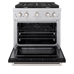 ZLINE 30 in. 4.2 cu. ft. Paramount Dual Fuel Range with 4 Burner Gas Cooktop and Electric Convection Oven in Stainless Steel with Black Matte Door (SDR-BLM-30) front, oven open.