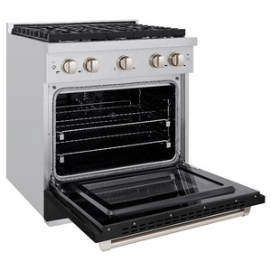 ZLINE 30 in. 4.2 cu. ft. Paramount Dual Fuel Range with 4 Burner Gas Cooktop and Electric Convection Oven in Stainless Steel with Black Matte Door (SDR-BLM-30) side, oven open.