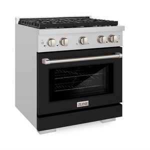 ZLINE 30 in. 4.2 cu. ft. Paramount Dual Fuel Range with 4 Burner Gas Cooktop and Electric Convection Oven in Stainless Steel with Black Matte Door (SDR-BLM-30) side, oven closed.