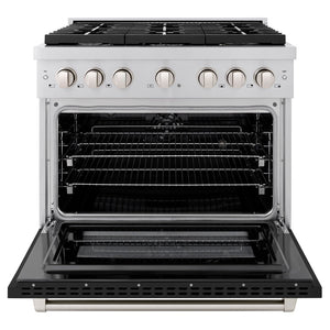 ZLINE 36 in. 5.2 cu. ft. Paramount Dual Fuel Range with 6 Burner Gas Cooktop and Electric Convection Oven in Stainless Steel with Black Matte Door (SDR-BLM-36) front, open.