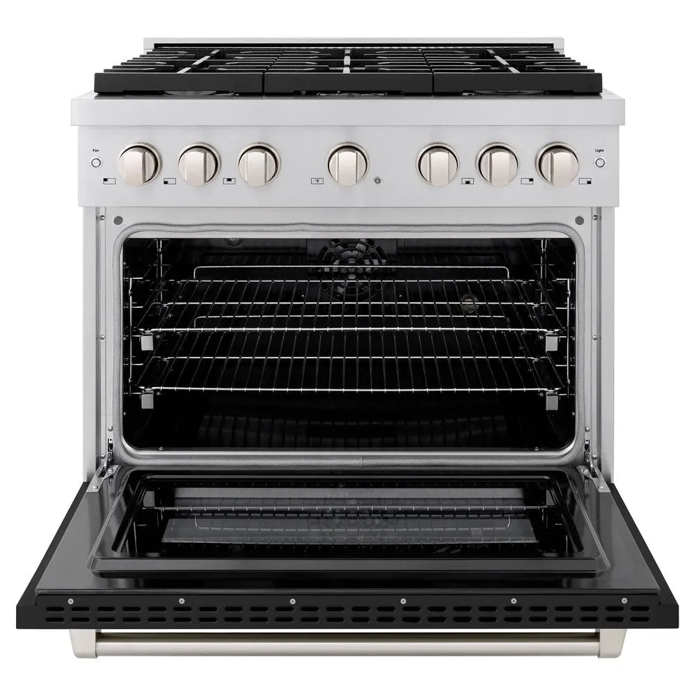 ZLINE 36 in. 5.2 cu. ft. Paramount Dual Fuel Range with 6 Burner Gas Cooktop and Electric Convection Oven in Stainless Steel with Black Matte Door (SDR-BLM-36) front, open.