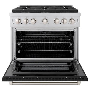 ZLINE 36 in. 5.2 cu. ft. Paramount Dual Fuel Range with 6 Burner Gas Cooktop and Electric Convection Oven in Stainless Steel with Black Matte Door (SDR-BLM-36) front, open.