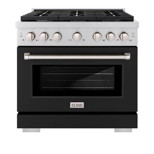 ZLINE 36 in. 5.2 cu. ft. Paramount Dual Fuel Range with 6 Burner Gas Cooktop and Electric Convection Oven in Stainless Steel with Black Matte Door (SDR-BLM-36) front, oven closed.