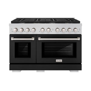 ZLINE 48 in. 6.7 cu. ft. Paramount Double Oven Dual Fuel Range with 8 Burner Gas Cooktop in Stainless Steel with Black Matte Doors (SDR-BLM-48) front, oven closed.