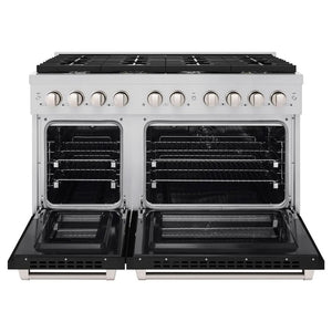 ZLINE 48 in. 6.7 cu. ft. Paramount Double Oven Dual Fuel Range with 8 Burner Gas Cooktop in Stainless Steel with Black Matte Doors (SDR-BLM-48) front, open.
