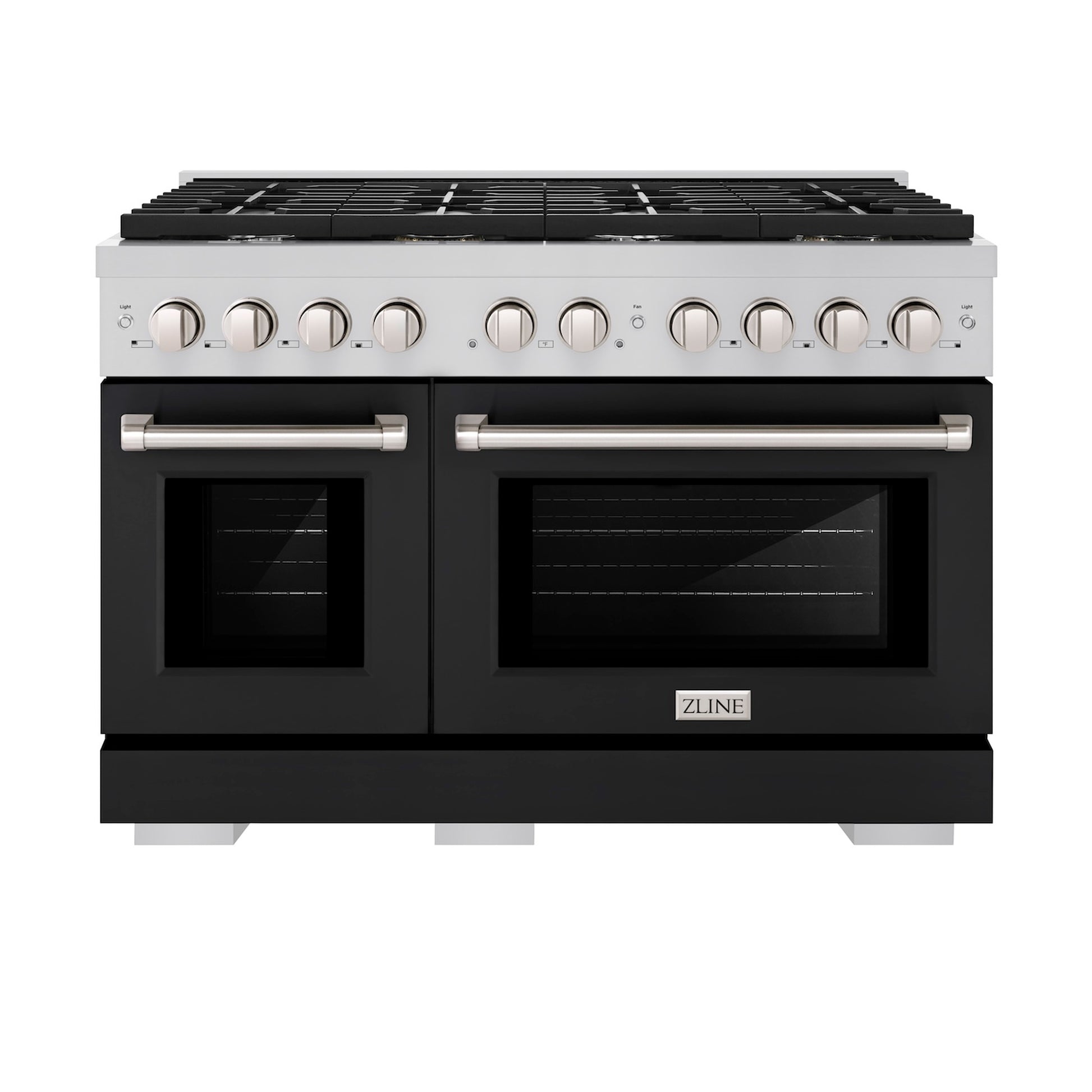 ZLINE 48 in. 6.7 cu. ft. Paramount Double Oven Dual Fuel Range with 8 Burner Gas Cooktop in Stainless Steel with Black Matte Doors (SDR-BLM-48) front, oven closed.