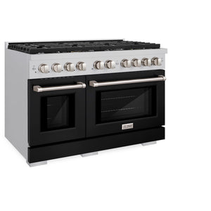 ZLINE 48 in. 6.7 cu. ft. Paramount Double Oven Dual Fuel Range with 8 Burner Gas Cooktop in Stainless Steel with Black Matte Doors (SDR-BLM-48) side, oven closed.