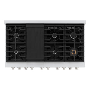 ZLINE 48 in. 6.7 cu. ft. Paramount Double Oven Dual Fuel Range with 8 Burner Gas Cooktop in Stainless Steel with Black Matte Doors (SDR-BLM-48) above, top-down view of gas cooktop.