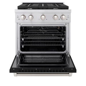 ZLINE 30 in. 4.2 cu. ft. Paramount Gas Range with 4 Burner Gas Cooktop and Convection Gas Oven in Stainless Steel with Black Matte Door (SGR-BLM-30) front, open.