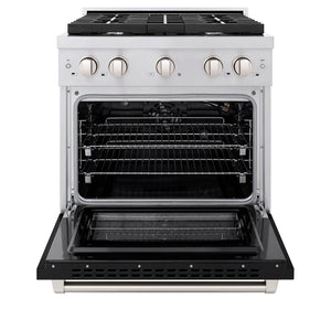 ZLINE 30 in. 4.2 cu. ft. 4 Burner Gas Range with Convection Gas Oven in Stainless Steel with Black Matte Door (SGR-BLM-30) front, oven open.