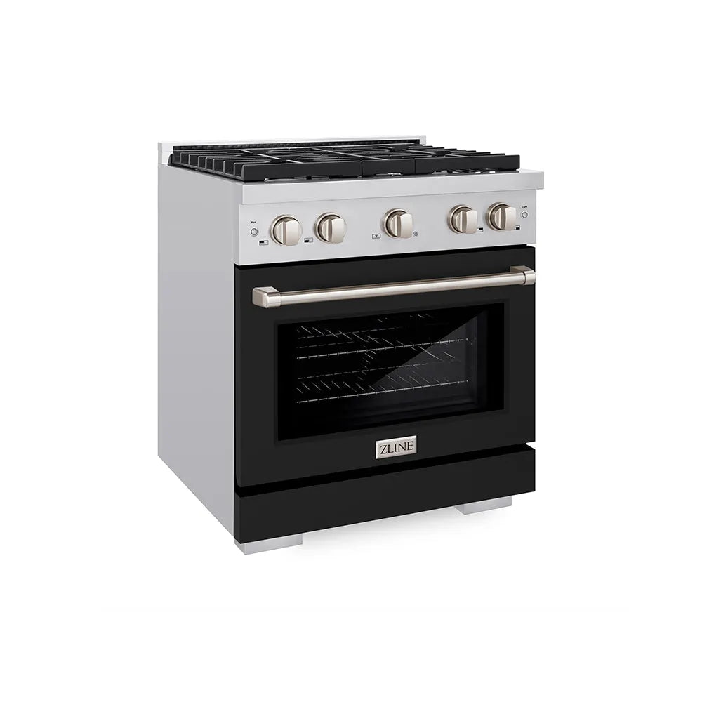 ZLINE 30 in. 4.2 cu. ft. Paramount Gas Range with 4 Burner Gas Cooktop and Convection Gas Oven in Stainless Steel with Black Matte Door (SGR-BLM-30) main image.