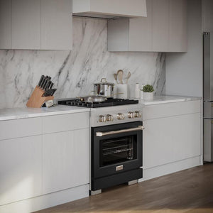 ZLINE 30 in. 4.2 cu. ft. Paramount Gas Range with 4 Burner Gas Cooktop and Convection Gas Oven in Stainless Steel with Black Matte Door (SGR-BLM-30) in a luxury kitchen.