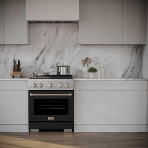 ZLINE 30 in. 4.2 cu. ft. Paramount Gas Range with 4 Burner Gas Cooktop and Convection Gas Oven in Stainless Steel with Black Matte Door (SGR-BLM-30) in a luxury kitchen, front.