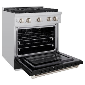 ZLINE 30 in. 4.2 cu. ft. Paramount Gas Range with 4 Burner Gas Cooktop and Convection Gas Oven in Stainless Steel with Black Matte Door (SGR-BLM-30) side, oven open.