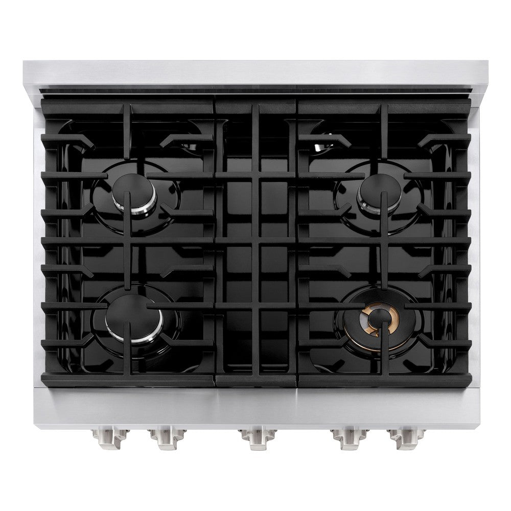 ZLINE 30 in. 4.2 cu. ft. Paramount Gas Range with 4 Burner Gas Cooktop and Convection Gas Oven in Stainless Steel with Black Matte Door (SGR-BLM-30) top-down, above cooktop.