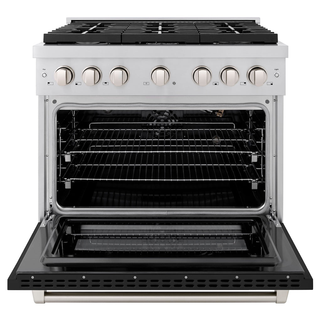 ZLINE 36 in. 5.2 cu. ft. 6 Burner Gas Range with Convection Gas Oven in Stainless Steel with Black Matte Door (SGR-BLM-36) front, oven open.