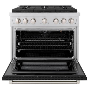 ZLINE 36 in. 5.2 cu. ft. Paramount Gas Range with 6 Burner Cooktop and Convection Gas Oven in Stainless Steel with Black Matte Door (SGR-BLM-36) front, open.