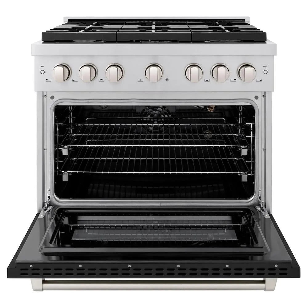 ZLINE 36 in. 5.2 cu. ft. Paramount Gas Range with 6 Burner Cooktop and Convection Gas Oven in Stainless Steel with Black Matte Door (SGR-BLM-36) front, open.