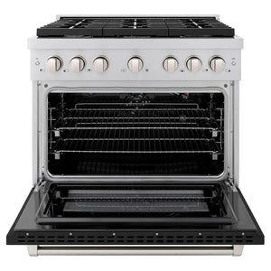 ZLINE 36 in. 5.2 cu. ft. Paramount Gas Range with 6 Burner Cooktop and Convection Gas Oven in Stainless Steel with Black Matte Door (SGR-BLM-36) front, open.