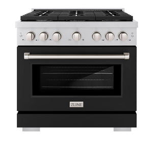 ZLINE 36 in. 5.2 cu. ft. Paramount Gas Range with 6 Burner Cooktop and Convection Gas Oven in Stainless Steel with Black Matte Door (SGR-BLM-36) front, oven closed.