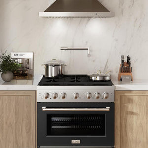 ZLINE 36 in. 5.2 cu. ft. Paramount Gas Range with 6 Burner Cooktop and Convection Gas Oven in Stainless Steel with Black Matte Door (SGR-BLM-36) in a luxury kitchen, front.