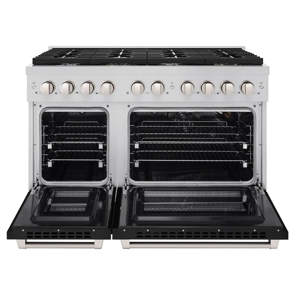 ZLINE 48 in. 6.7 cu. ft. Paramount Double Oven Gas Range with 8 Burner Cooktop in Stainless Steel with Black Matte Doors (SGR-BLM-48) front, open.