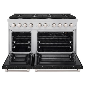 ZLINE 48 in. 6.7 cu. ft. 8 Burner Double Oven Gas Range in Stainless Steel with Black Matte Doors (SGR-BLM-48) front, oven open.