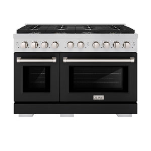 ZLINE 48 in. 6.7 cu. ft. 8 Burner Double Oven Gas Range in Stainless Steel with Black Matte Doors (SGR-BLM-48) front, oven closed.