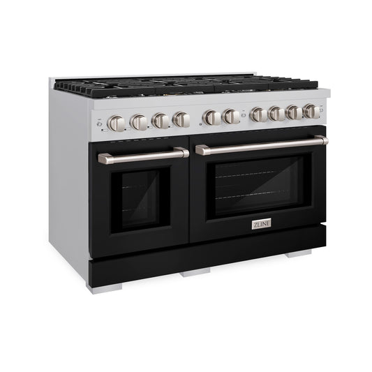 ZLINE 48 in. 6.7 cu. ft. 8 Burner Double Oven Gas Range in Stainless Steel with Black Matte Doors (SGR-BLM-48) side, oven closed.