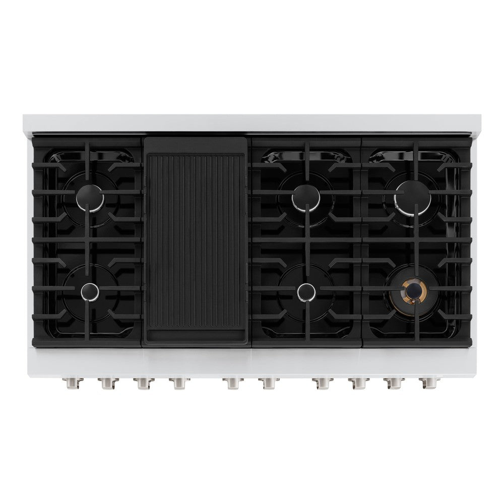 ZLINE 48 in. 6.7 cu. ft. 8 Burner Double Oven Gas Range in Stainless Steel with Black Matte Doors (SGR-BLM-48) from above, showing gas burners, black porcelain cooktop, and cast-iron grates.