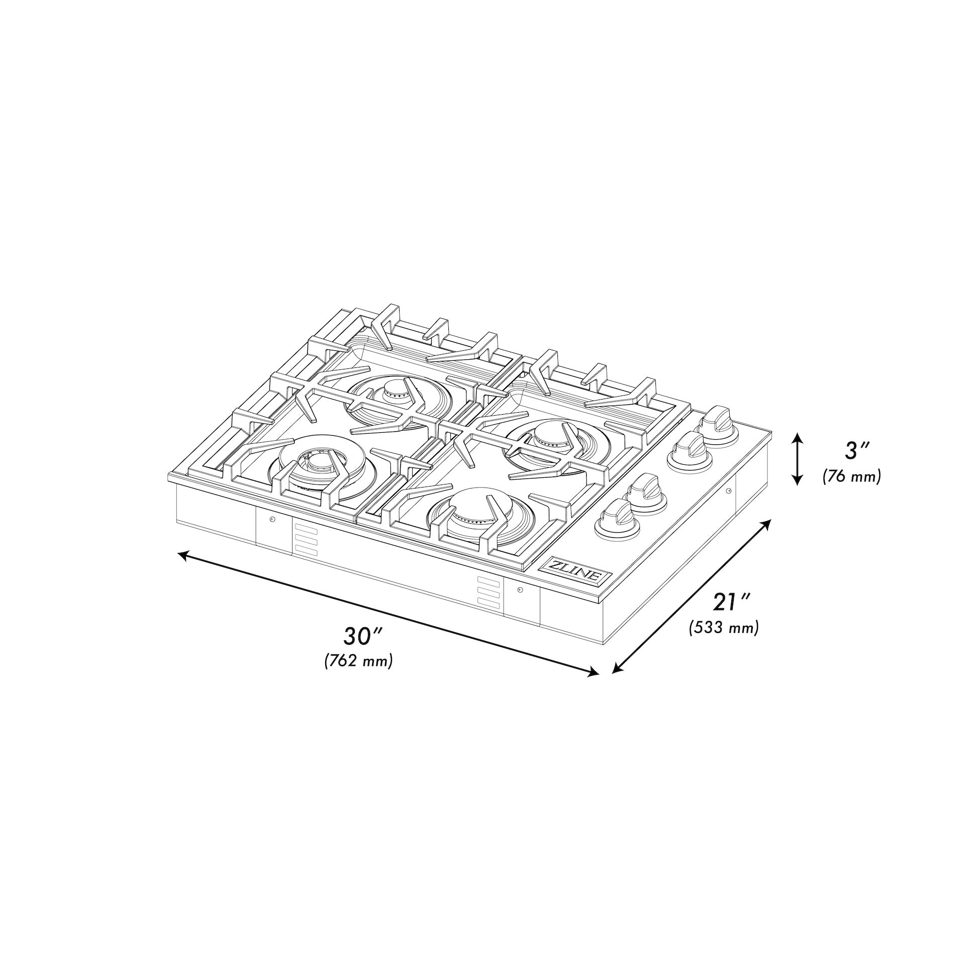 ZLINE 30 in. Gas Cooktop with 4 Brass Burners (RC-BR-30) dimensional diagram with measurements.