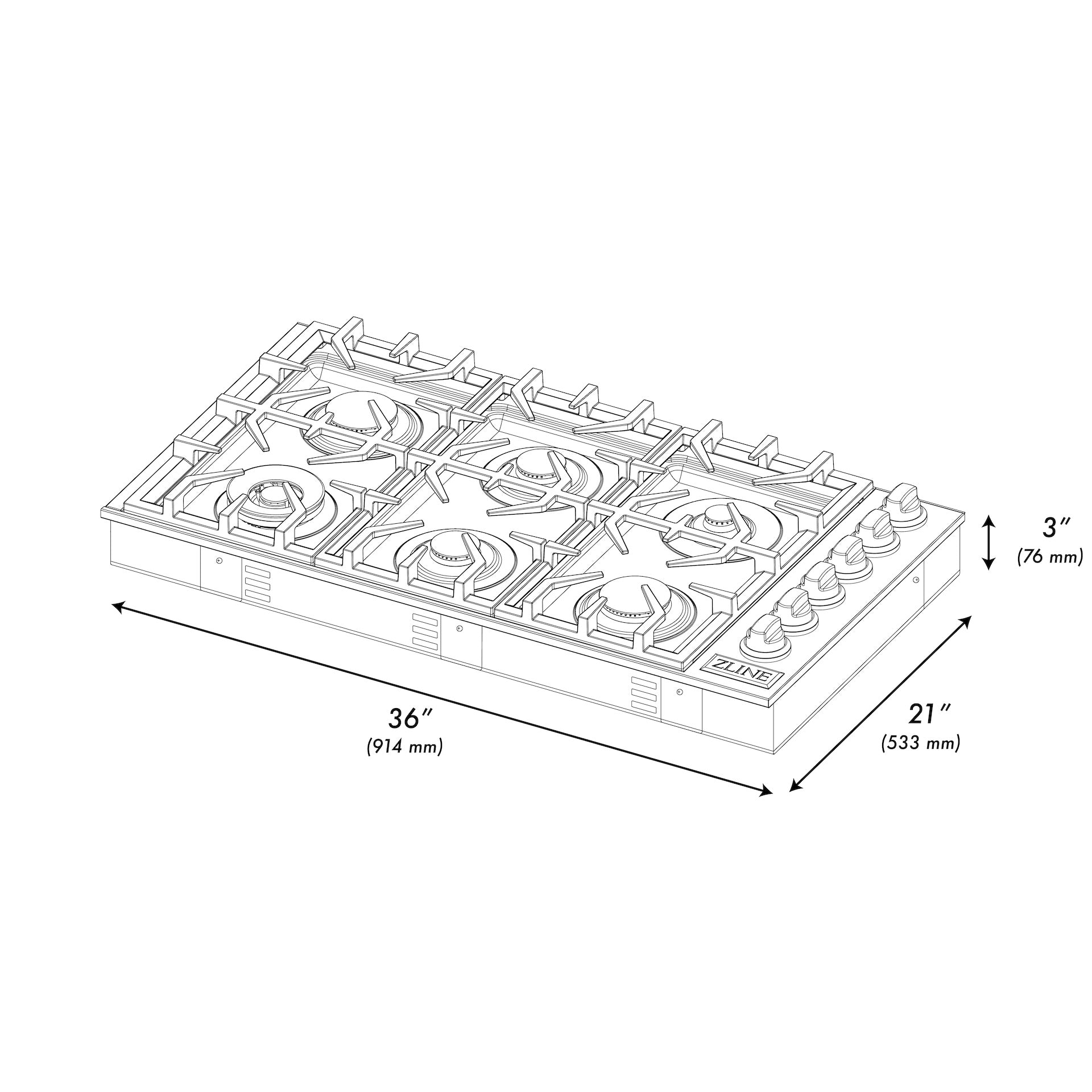 ZLINE 36 in. Gas Cooktop with 6 Brass Burners (RC-BR-36) dimensional diagram with measurements.